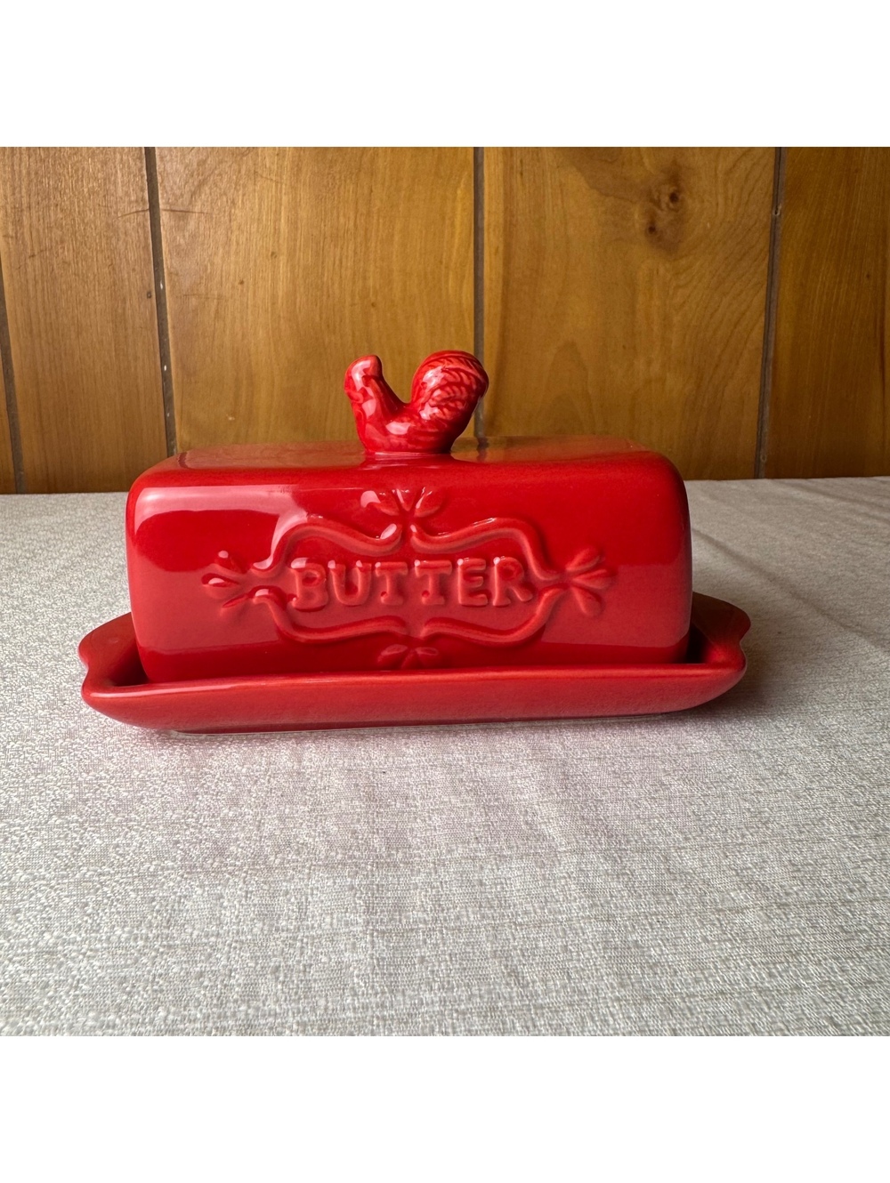 Vintage Red Ceramic Butter Dish with Rooster Knob Farmhouse Kitchen Decor - Picture 2 of 9